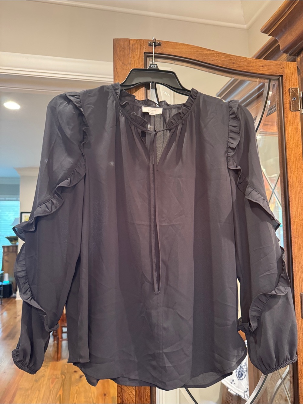 LOFT Black Sheer Ruffle Tie-Neck Blouse